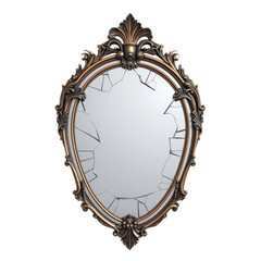 Ornate Oval Bronze Frame Mirror Shows Shattered Reflection