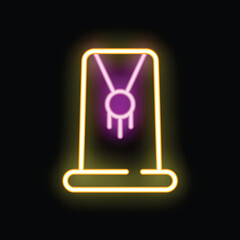 Neon sign showing a stand with a necklace hanging from it on a black background