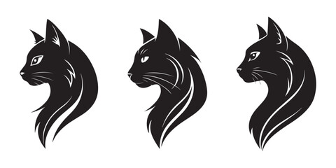 Black cat silhouette logo set stylish feline head side view digital illustration for branding tattoos pet-related designs and creative artwork