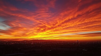 Obraz premium Fiery Sunset over Cityscape: A Breathtaking Panorama of Orange and Yellow Hues.