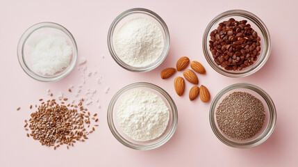 Keto pantry staples including almond flour, chia seeds, and cocoa nibs arranged in glass bowls on pink background. Perfect for healthy baking and cooking