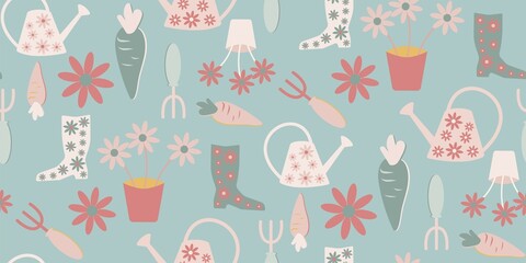 Gardening symbols seamless repeating pattern illustration on light blue background