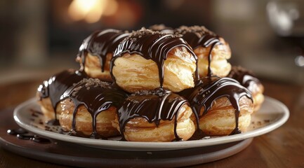 Profiteroles with a glossy chocolate sauce on a dessert plate, showcasing a deliciously sweet and gourmet pastry, ai generated, AI generated