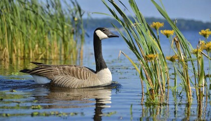 Obraz premium AI generates, animal, animals, bird, birds, biotope, habitat, a, individual, swims, water, reeds, water lilies, blue sky, foraging, wildlife, summer, seasons