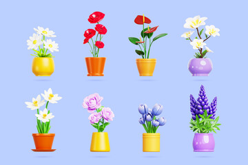 Flower in pot 3d render set. Realistic house and garden plant with blossom of peony, tulip, chamomile, poppy, frangipani tree in flowerpot. Cute home or office floral decor elements. 3D illustration