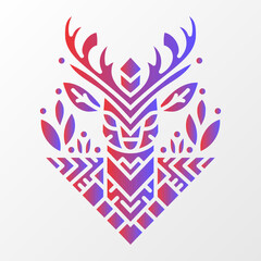 Abstract deer head illustration featuring geometric patterns, red and purple gradient, and decorative nature-inspired elements on a white background. Geometric Deer Illustration with Nature Elements