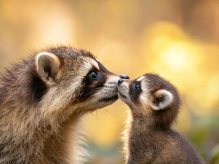 Mother raccoon tenderly nuzzling her baby in a warm, golden autumnal setting.