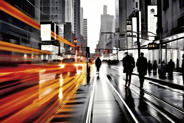 Fototapeta premium AI generated bustling street scene monochromatic snapshot with colorful digital elements