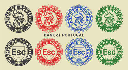 Vector graphic set of financial fictional seals. Collection of round icons with rooster head and escudo symbol, inscription in portuguese means Bank of Portugal. Emblems or badges. © GAlexS