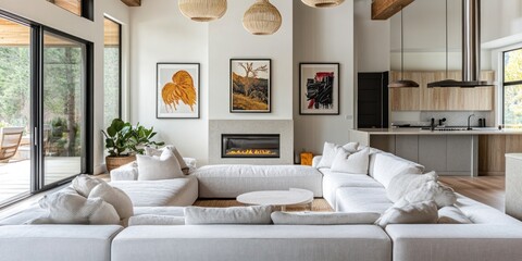 Modern white sectional sofa in a spacious living room with large windows, fireplace, and artwork.
