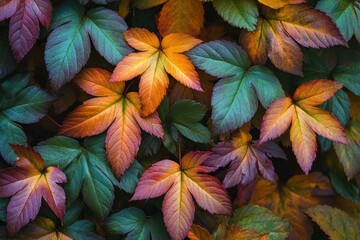Vibrant autumn leaves in rich jewel tones, showcasing a variety of colors and textures.