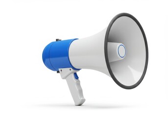 A modern blue and white megaphone with a sleek handle and wide speaker cone isolated on a white background