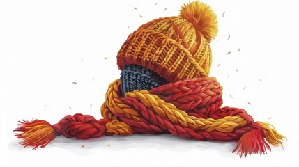 A vibrant knitted hat and scarf set, in orange and yellow hues, on a winter background, AI generated