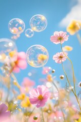Obraz premium Delicate Pink Cosmos and Bubbles in a Sunny Field
