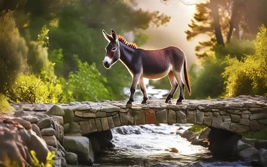 Selbstklebende Fototapeten Mnemonic bridge, a mental aid to memorise something, a donkey crosses a stone bridge over a stream, AI generated, AI generated © Jürgen Wiesler/imageBROKER