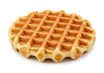 A classic round Belgian waffle with a golden crispy exterior and a soft fluffy texture isolated on a white background