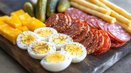 Keto snack platter featuring hard boiled eggs, salami, cheese, pickles, and meat rolls. delicious and healthy option for low carb diets, perfect for gatherings