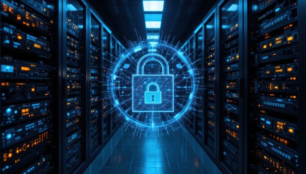 Secure server room; digital padlock; futuristic tech;  cybersecurity