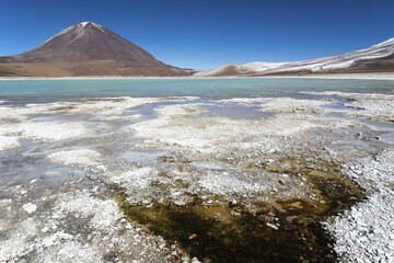 Laguna verde with deposits of borax on the shore and snow on the mountains, near Uyuni, Altiplano, border Bolivia, Chile, South America