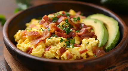 Scrambled eggs with bacon and avocado in wooden bowl, garnished with herbs, create delicious and hearty breakfast option. Perfect for ketogenic diet
