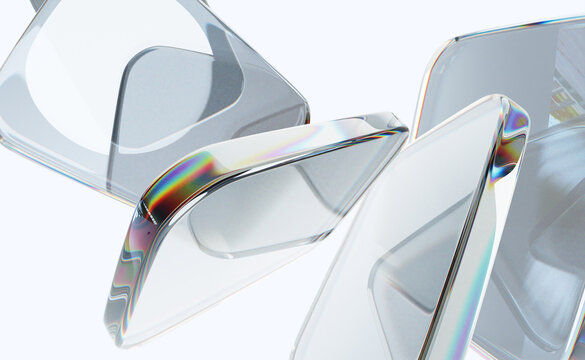 3d glass transparent square shapes on gray background. Abstract render geometric rectangle plates with neon light refraction in prism. Digital tech banner with glossy clear objects. 3D illustration