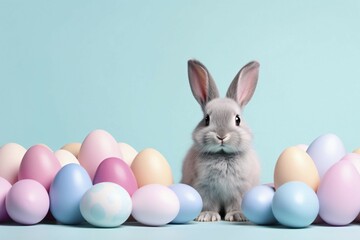 Bunny with pastel colored Easter eggs on blue background. KI generiert, generiert AI generated