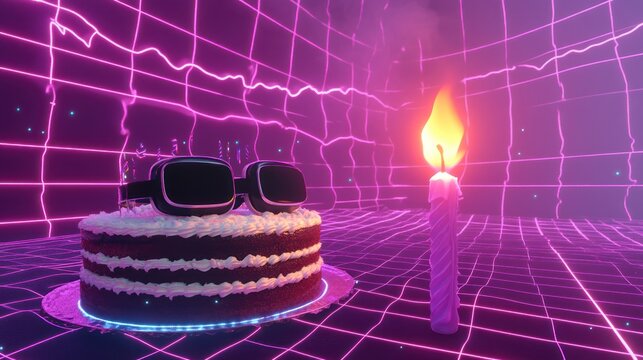 Virtual reality birthday cake with candle in a retro-futuristic setting.