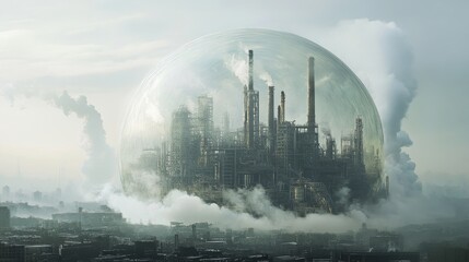 A surreal futuristic city appears encased in a large transparent dome, with tall factory structures surrounded by smoke, highlighting themes of industry and isolation.