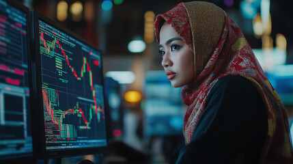 Obraz premium A Focused Professional Analyzing Complex Financial Data on a High-Resolution Monitor in a Modern Office Setting