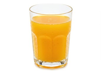 A clear glass filled with fresh orange juice with small droplets of condensation on the outside isolated on a white background