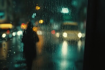 Rainy night scene with blurred city lights and silhouette