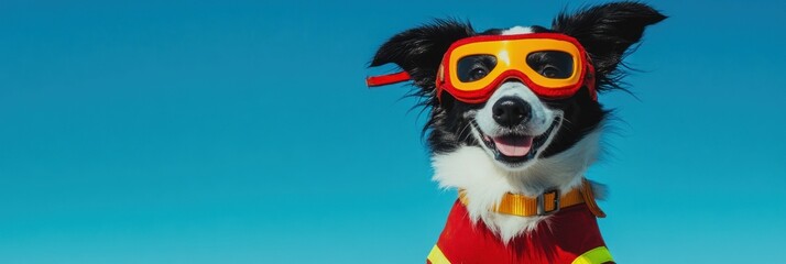 Fototapeta premium Happy border collie dog wearing goggles against a blue sky.