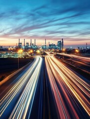Night Traffic Flowing Towards an Illuminated Refinery under a Vibrant Sunset Sky.