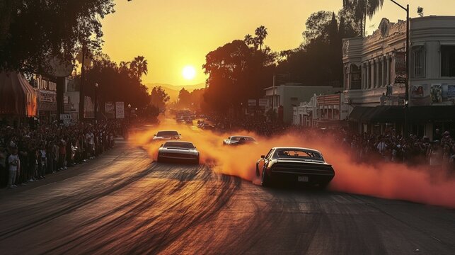 Fototapeta Vintage cars race in city streets, burning rubber and smoke, thrilling spectators with speed and power. Sunset adds to the excitement, AI generated