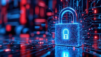Digital lock security, circuit board background, glowing, futuristic illustration, promoting safe online interactions