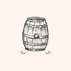 Hand-drawn vintage wooden barrel engraved vector cartoon alcohol drink concept.