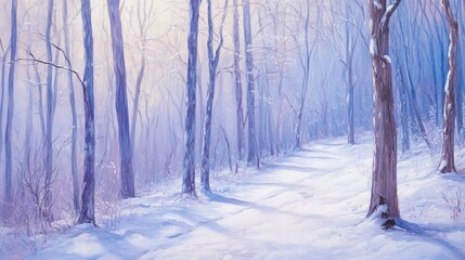 Serene winter landscape snow-covered path through a misty forest at sunrise.