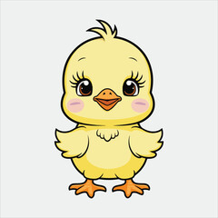 This is a digital illustration of an adorable, cartoon-style chick. It's primarily yellow with orange feet and beak, has big, expressive eyes with long lashes, and rosy pink cheeks.
