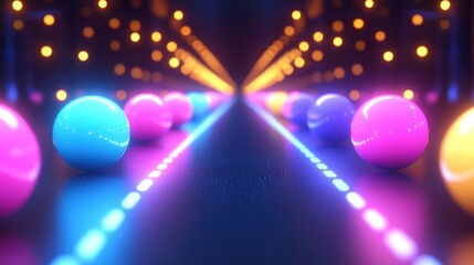 Neon lit path with colorful spheres.