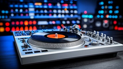 Dj mixing session with turntable in a modern studio music production technology environment close-up view creative sound exploration