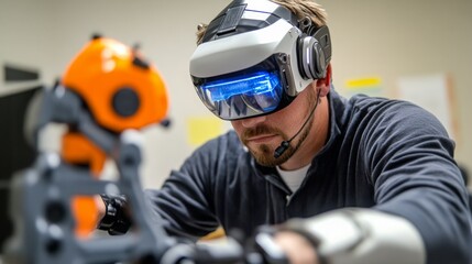 A person using virtual reality technology to engage with a robotic arm in a lab setting, showcasing the fusion of robotics and immersive experiences.