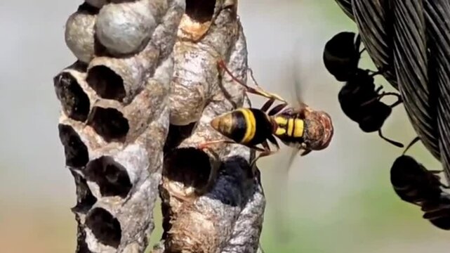 The Common Paper Wasp (Polistes spp.) is building a nest, which has a long structure resembling a small honeycomb arranged in a line.
