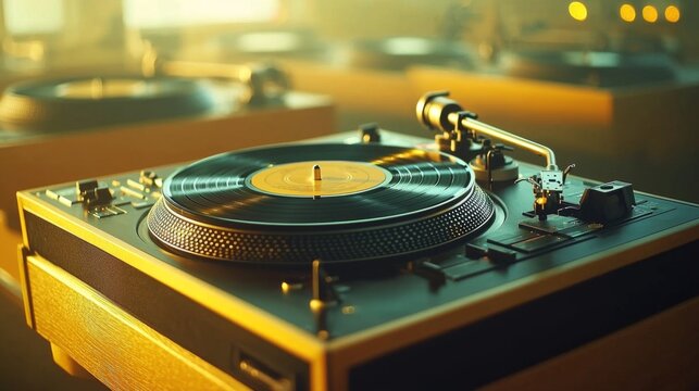 Spinning vinyl records music studio photography warm lighting close-up nostalgia and sound culture
