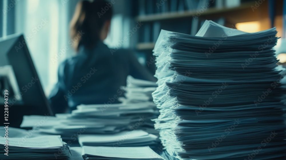 Poster A cluttered workspace filled with stacks of papers, highlighting the challenges of organization and productivity in an office environment.