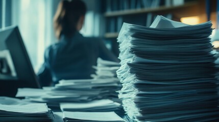 A cluttered workspace filled with stacks of papers, highlighting the challenges of organization and productivity in an office environment.