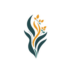 A logo featuring an organic swirl, with abstract plant and flower designs flowing out