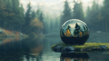 Reflective sphere mirroring autumnal forest scene on tranquil lake.