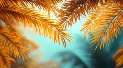 Golden palm fronds against a vibrant teal sky, creating a tropical summer backdrop.