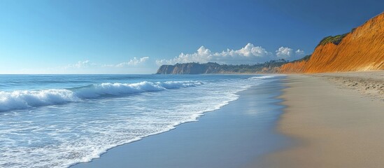 Expansive beach with red cliffs and blue sky, presenting a serene and natural seaside environment, AI generated