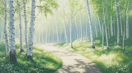 Obraz premium Sunlit path winding through a birch forest.